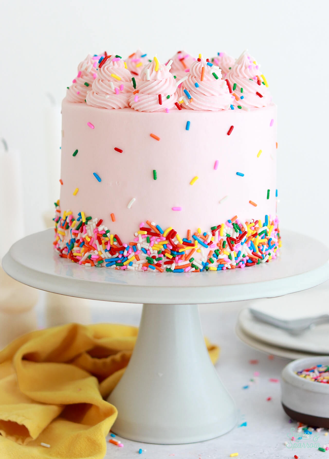 funfetti birthday cake with pink buttercream and rainbow sprinkles