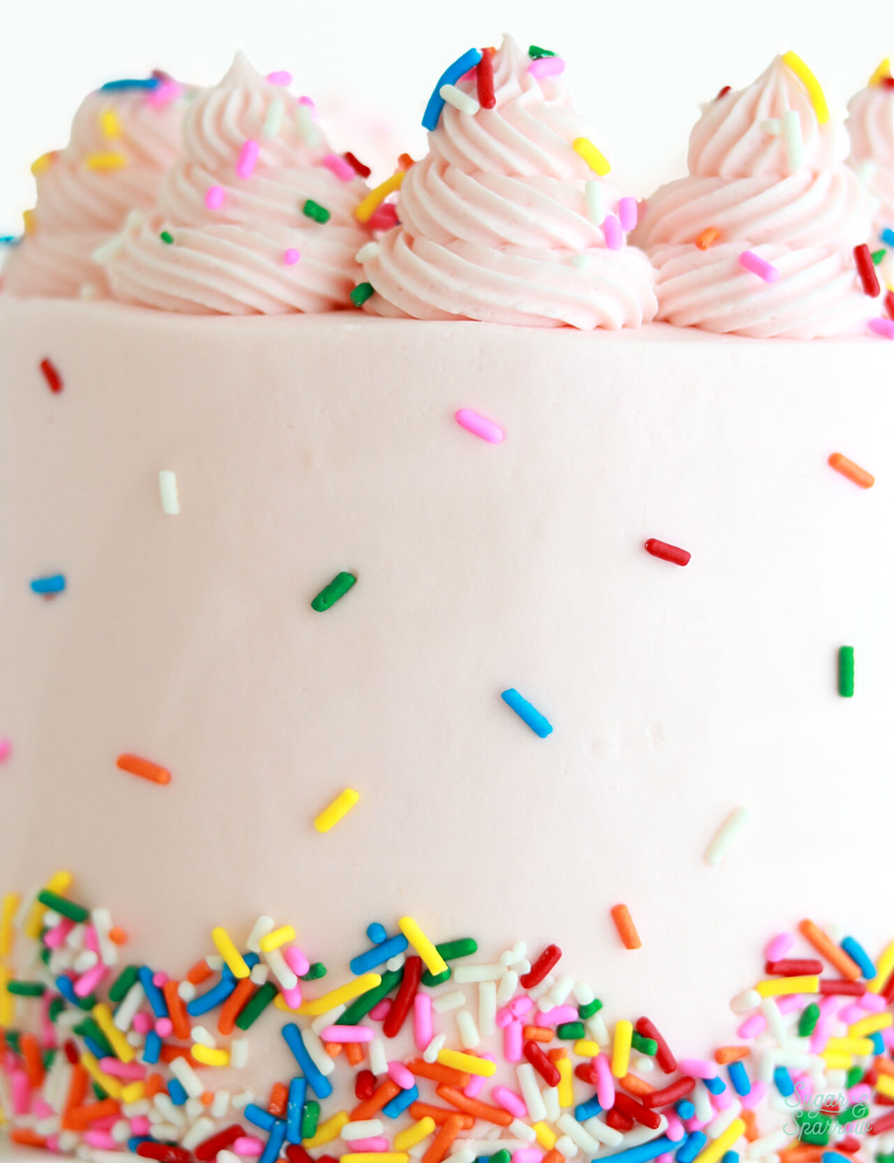pink buttercream with rainbow sprinkles
