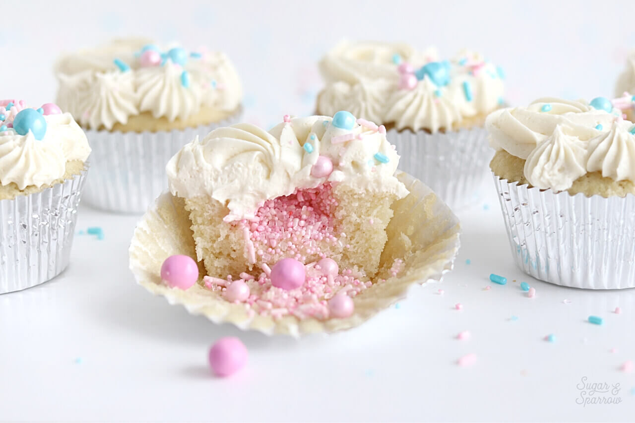 gender reveal cupcakes filled with sprinkles