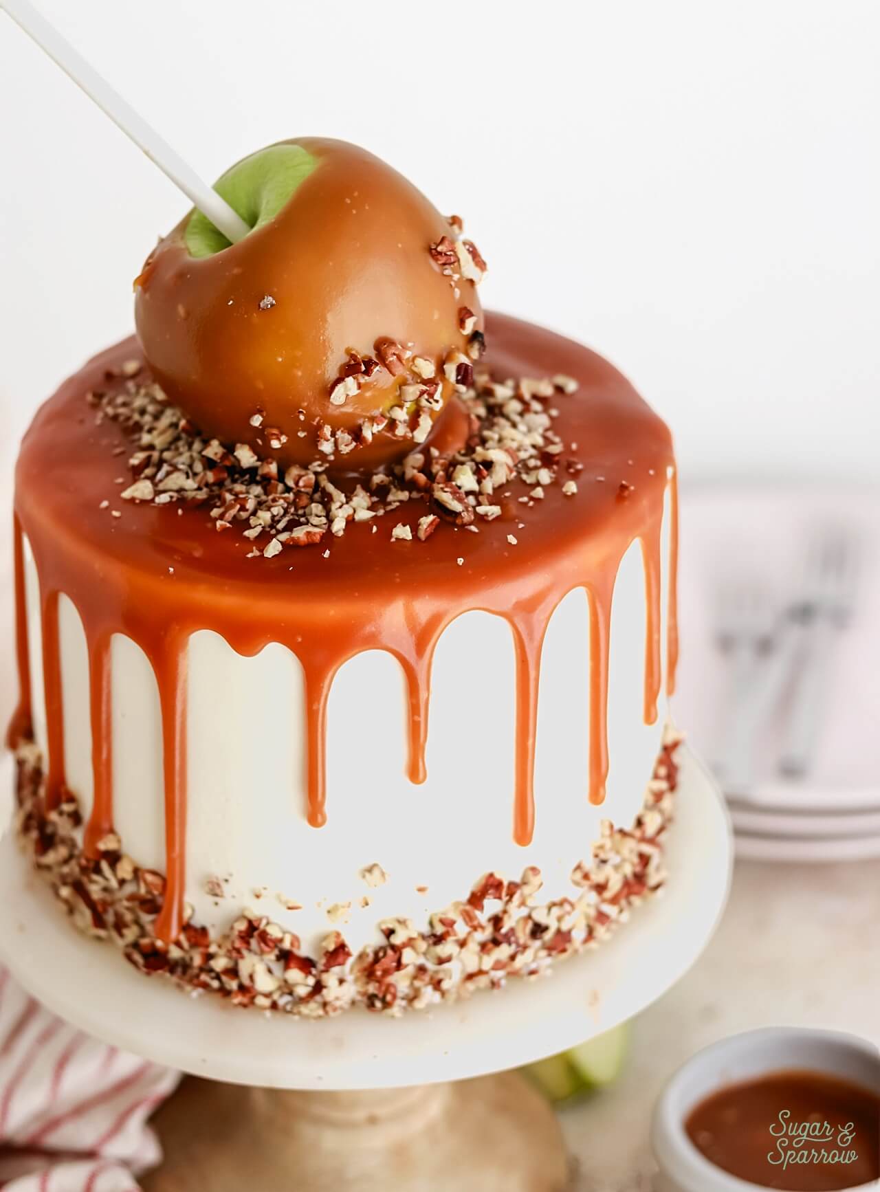 apple cake topped with caramel apple