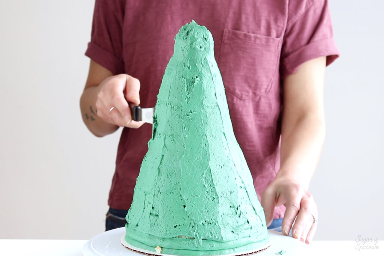 crumb coating christmas tree cake