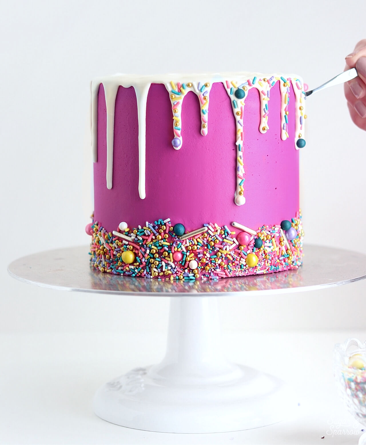 Rainbow Sprinkles Chocolate Drip Cake - Mom Loves Baking