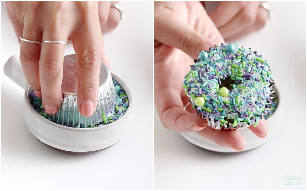 dipping cupcakes in sprinkles