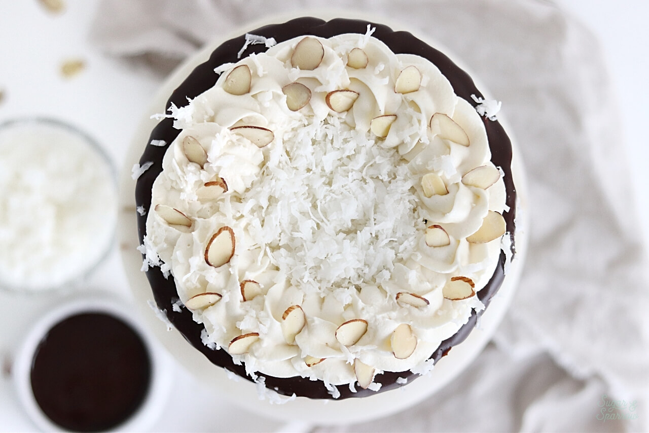 coconut almond joy cake by sugar and sparrow