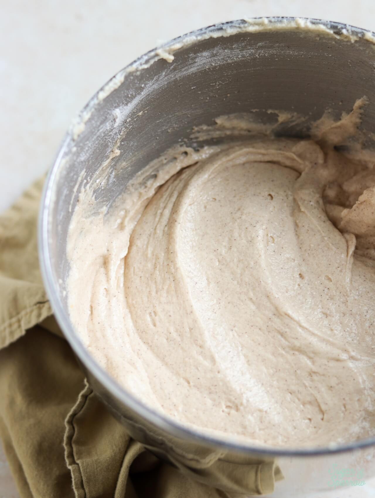 chai cake batter in a mixing bowl