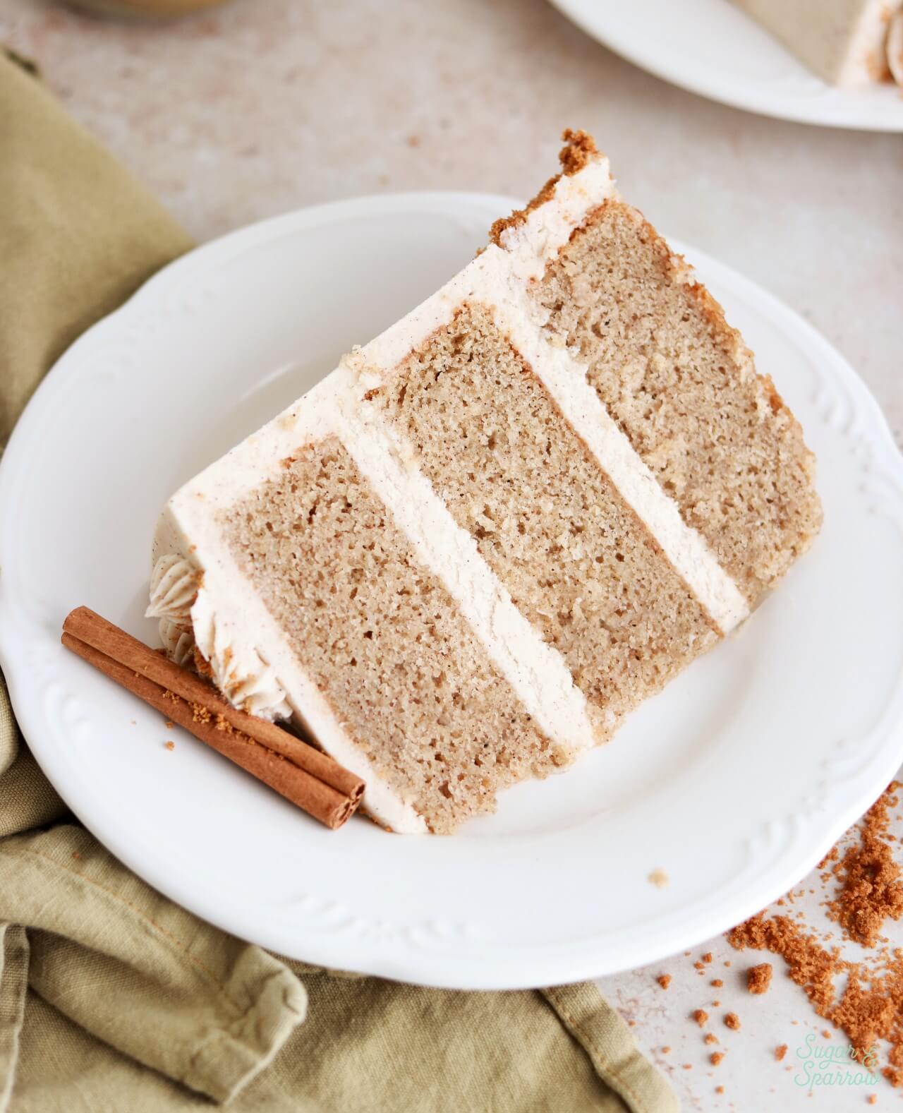 spiced vanilla chai cake slice on a plate