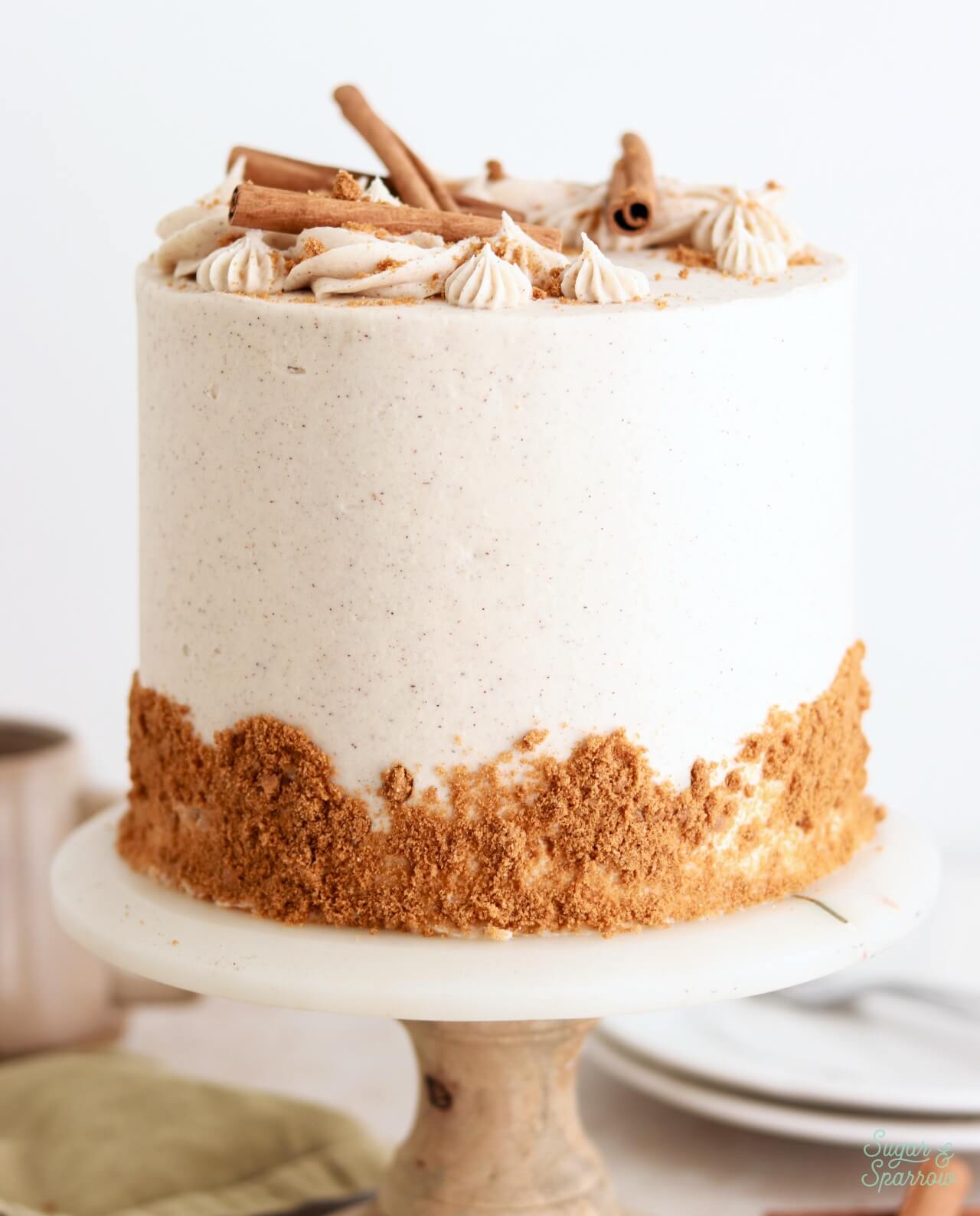 chai layer cake recipe on a rustic cake stand