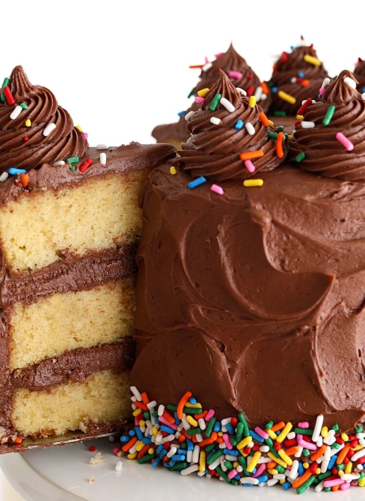 yellow cake recipe with chocolate frosting and rainbow sprinkles