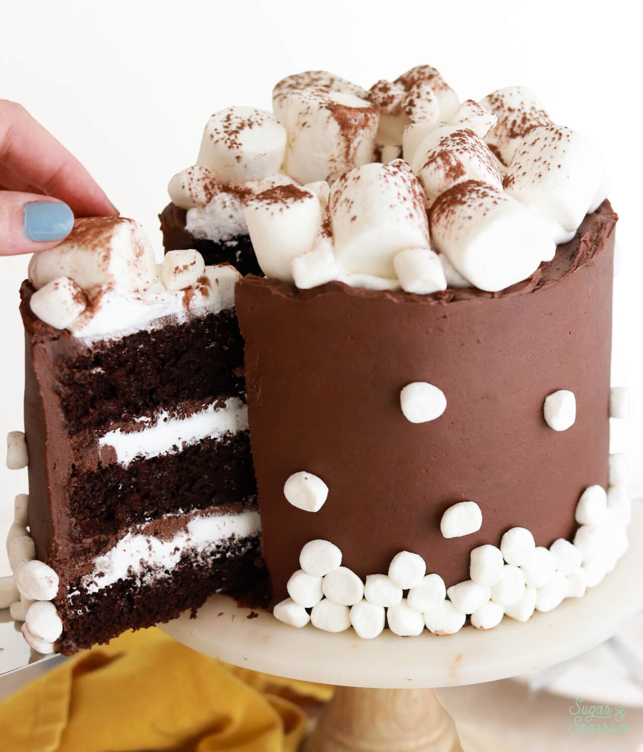 hot cocoa flavored cake with homemade marshmallow creme filling