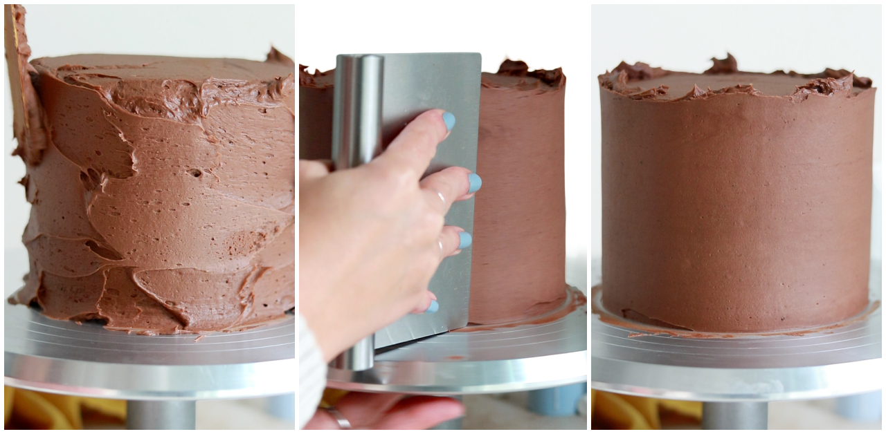 frosting a cake with chocolate buttercream
