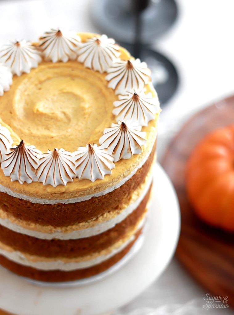 pumpkin pie cake with toasted meringue