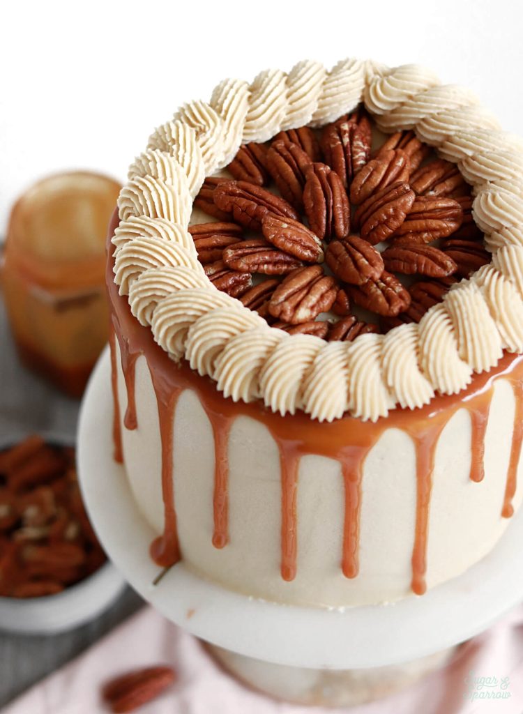 Chocolate Pecan Pie Cake with Salted Caramel - Sugar & Sparrow