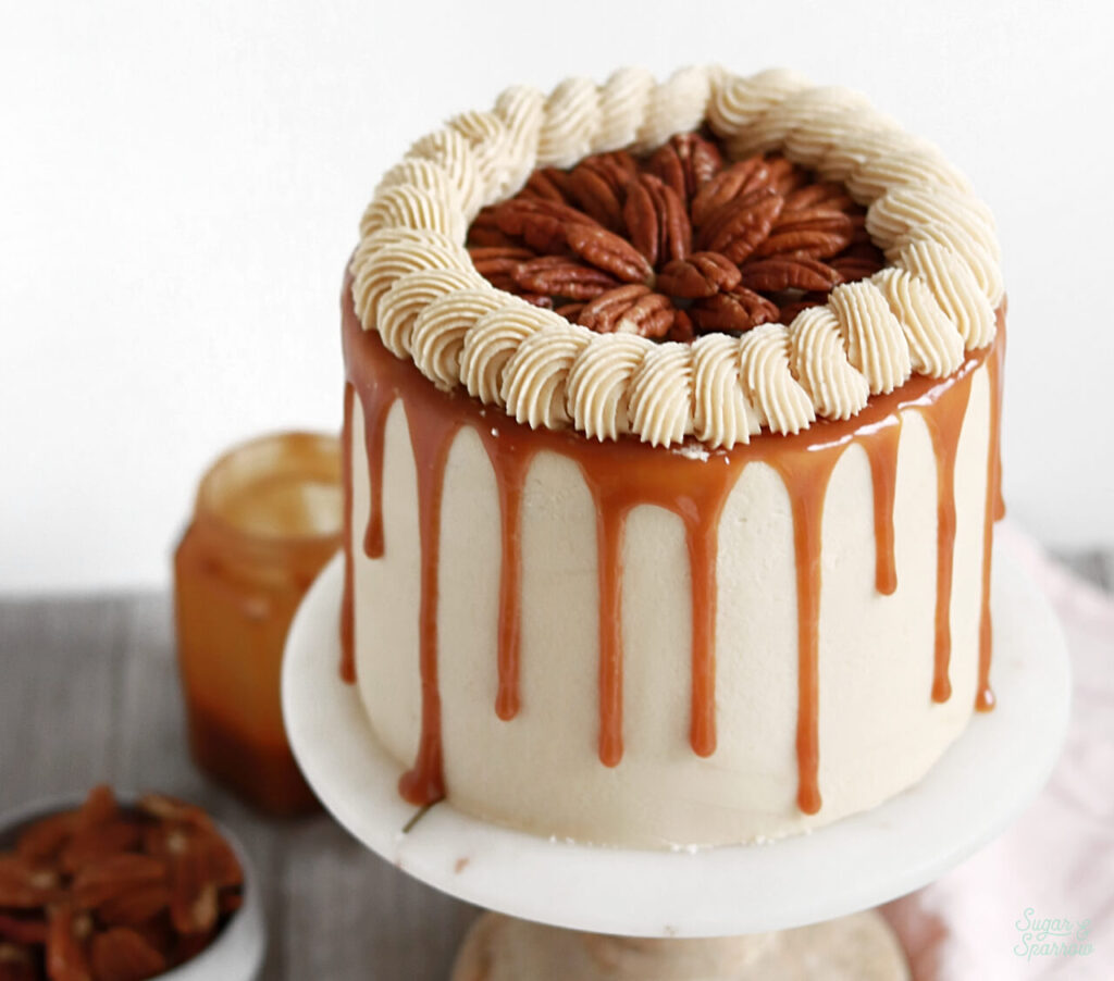 chocolate caramel pecan pie cake recipe by sugar and sparrow