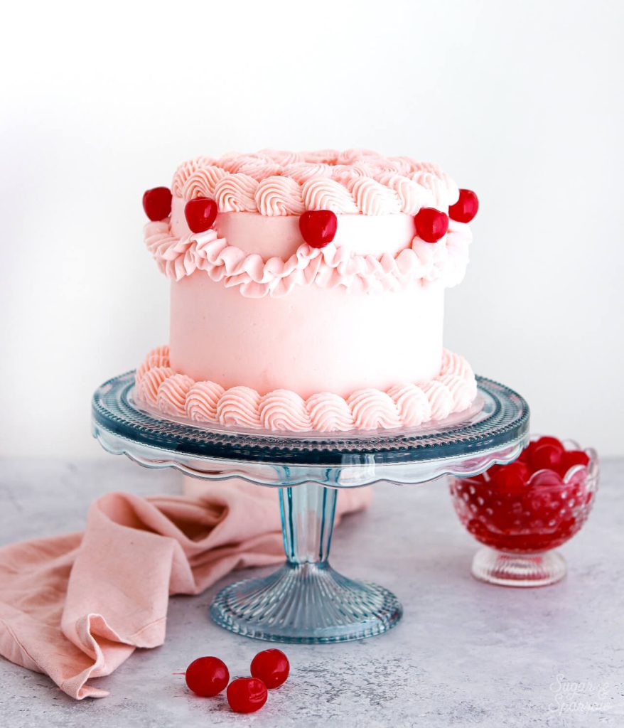 Cherry Chip Cake Recipe with Vintage Piping - Sugar & Sparrow