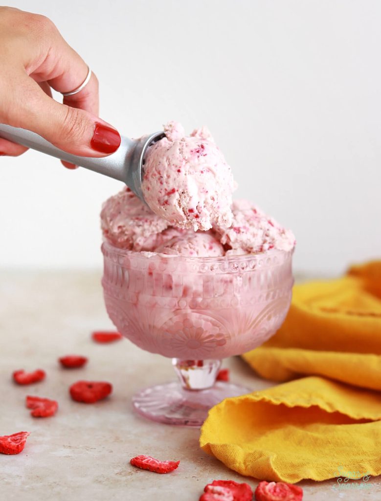 strawberry ice cream with freeze dried strawberries