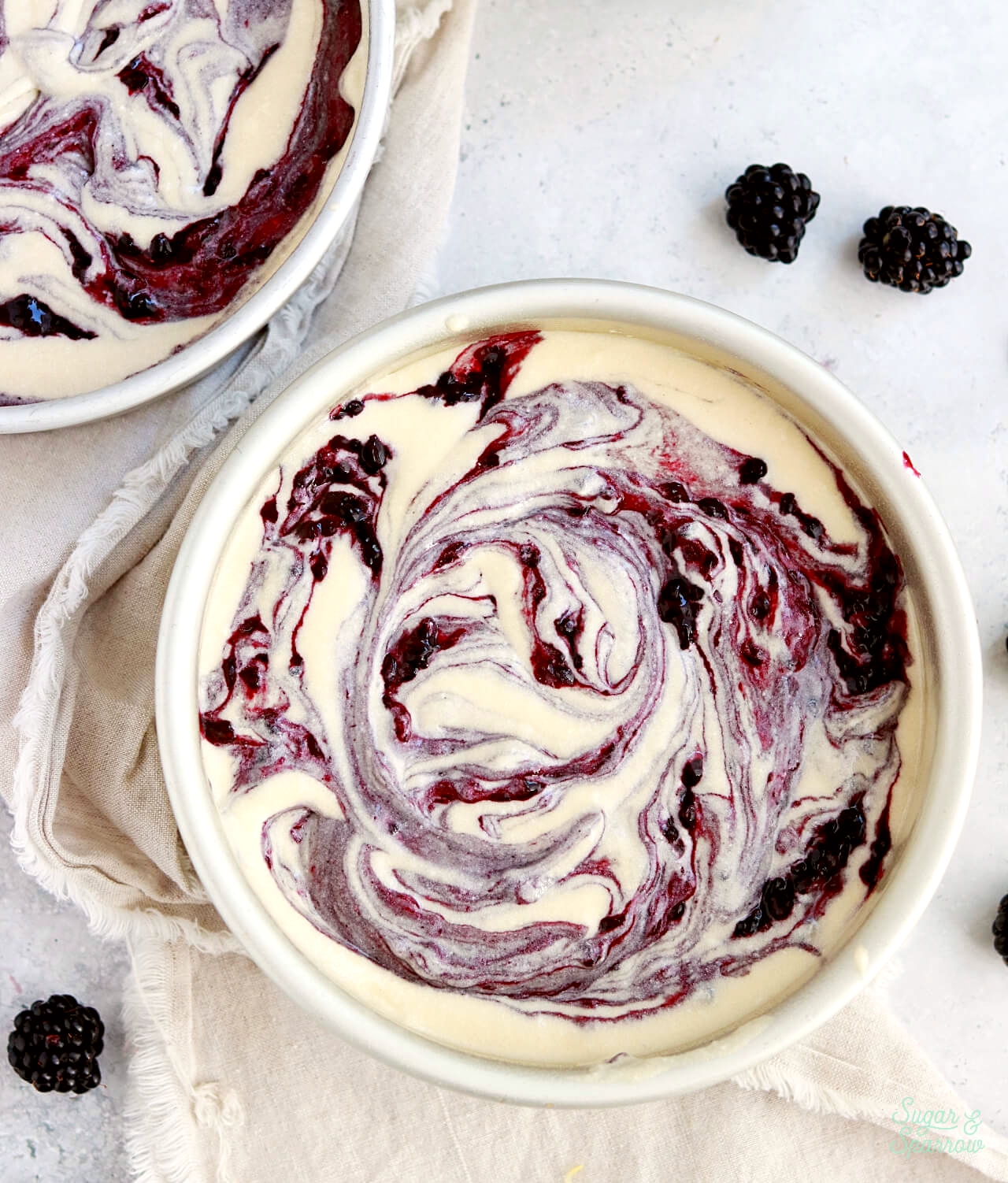 blackberry cake batter in pan