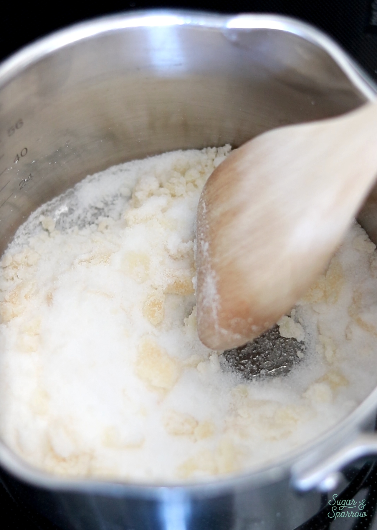 granulated sugar melting in a saucepan