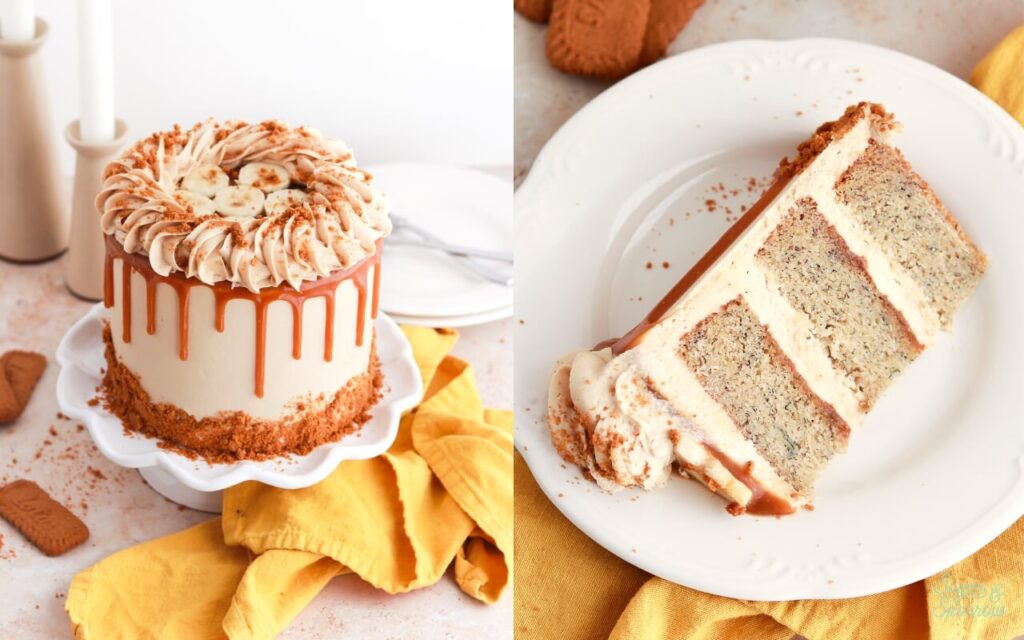 banana biscoff caramel cake by sugar and sparrow