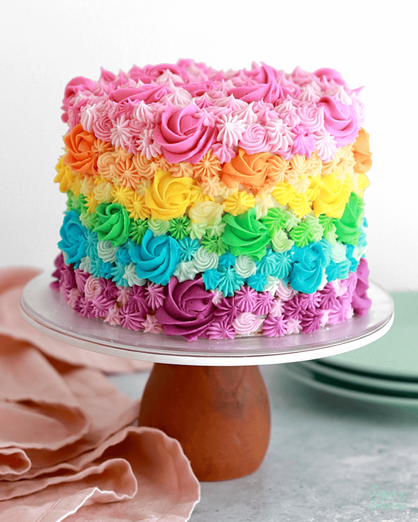 piped rainbow ombre cake by sugar and sparrow