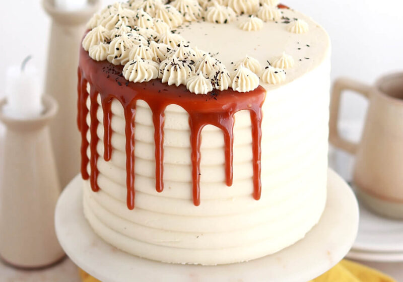 London fog cake recipe with earl grey buttercream and salted caramel drip