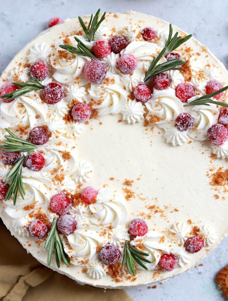 no bake cheesecake with eggnog whipped cream and sugared cranberries