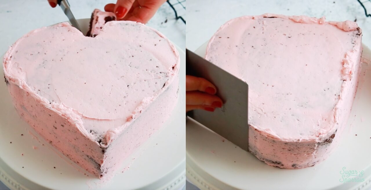 crumb coating a heart shaped cake