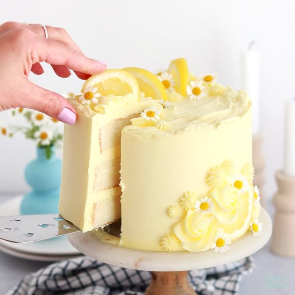 lemon layer cake with lemon buttercream by sugar and sparrow