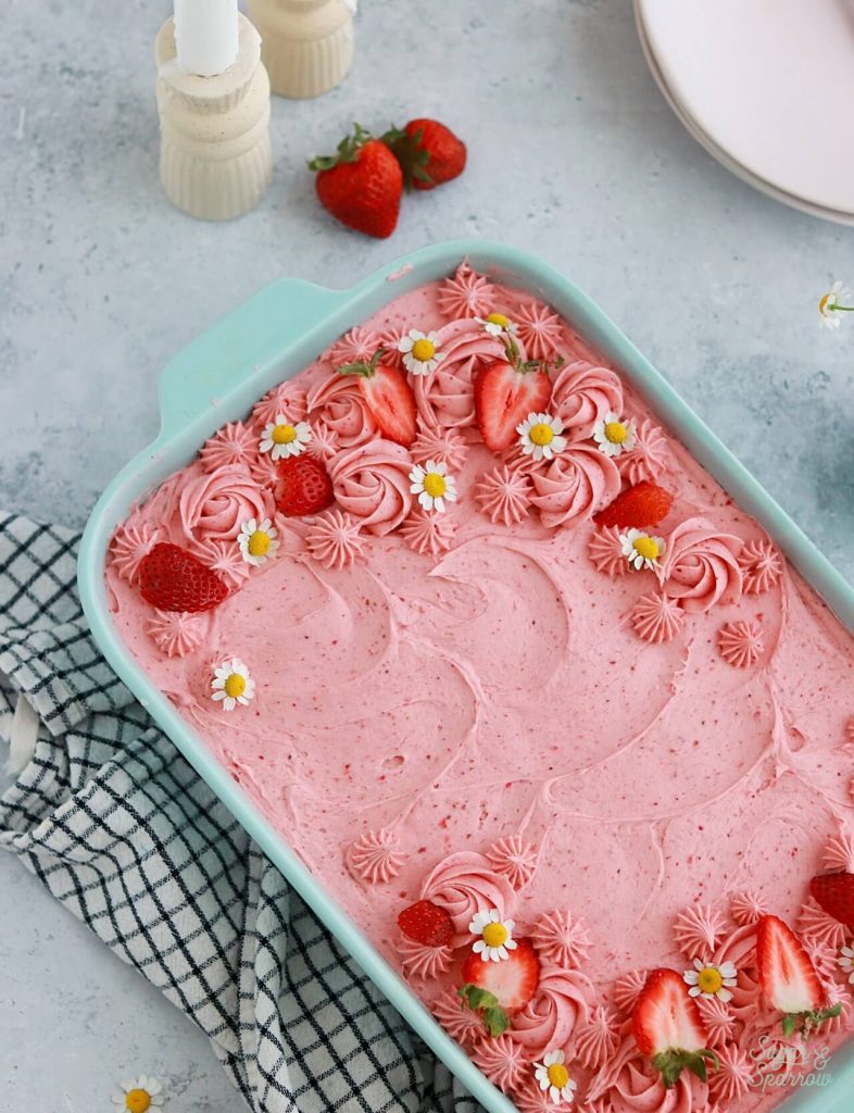 fresh strawberry cake with strawberry buttercream