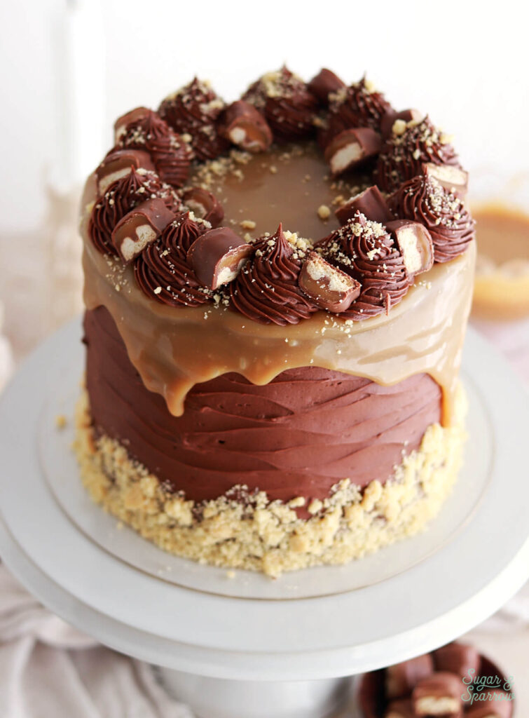 Twix cake recipe with caramel drip