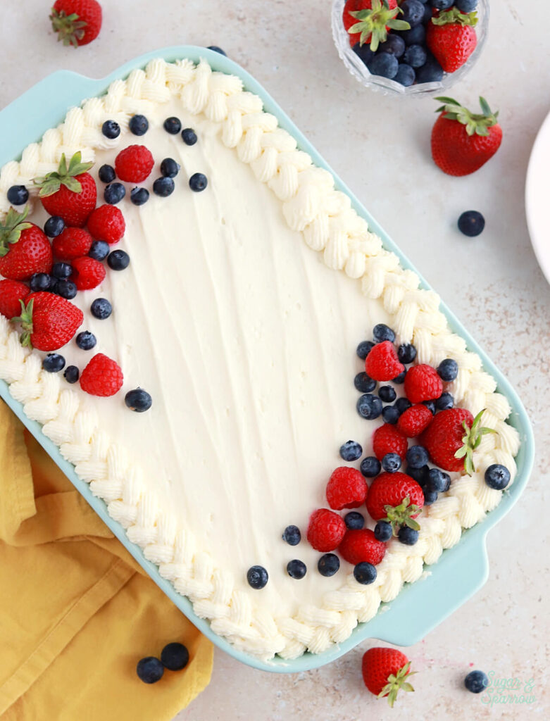 berry chantilly sheet cake by sugar and sparrow
