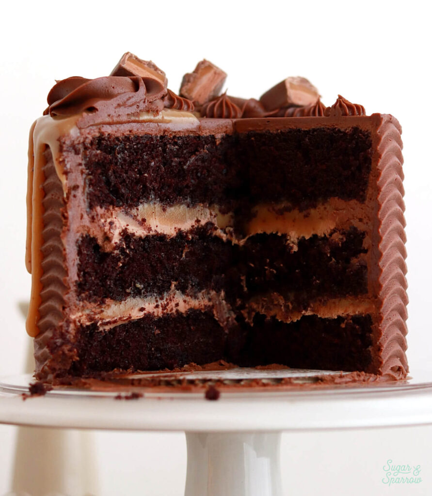 chocolate cake with nougat filling and thick caramel