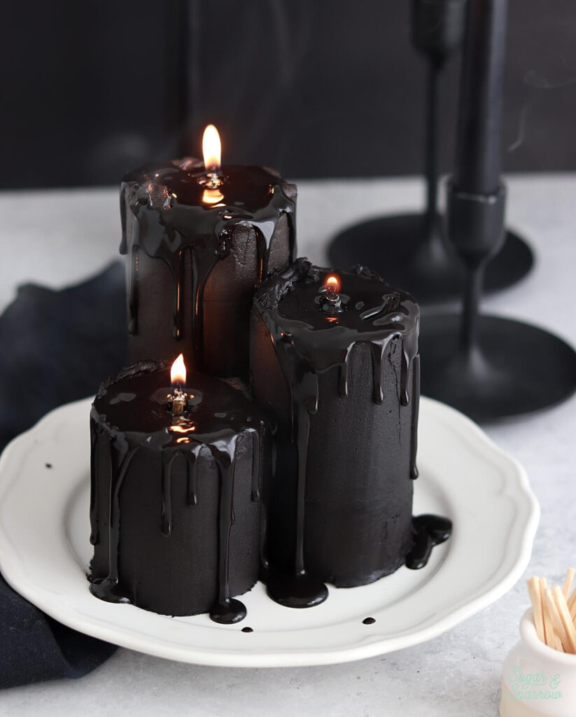 black melting candle cakes by sugar and sparrow