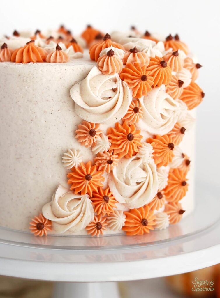 chai pumpkin layer cake with buttercream pumpkins