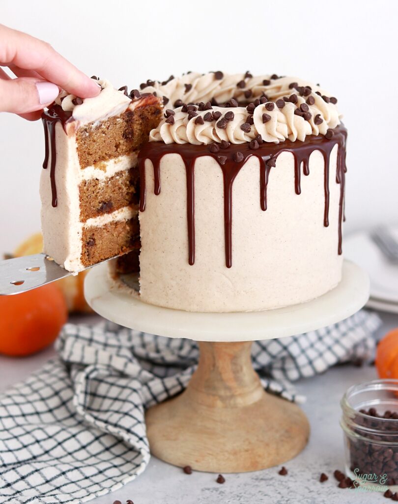 pumpkin chocolate chip cake recipe with spiced cream cheese buttercream