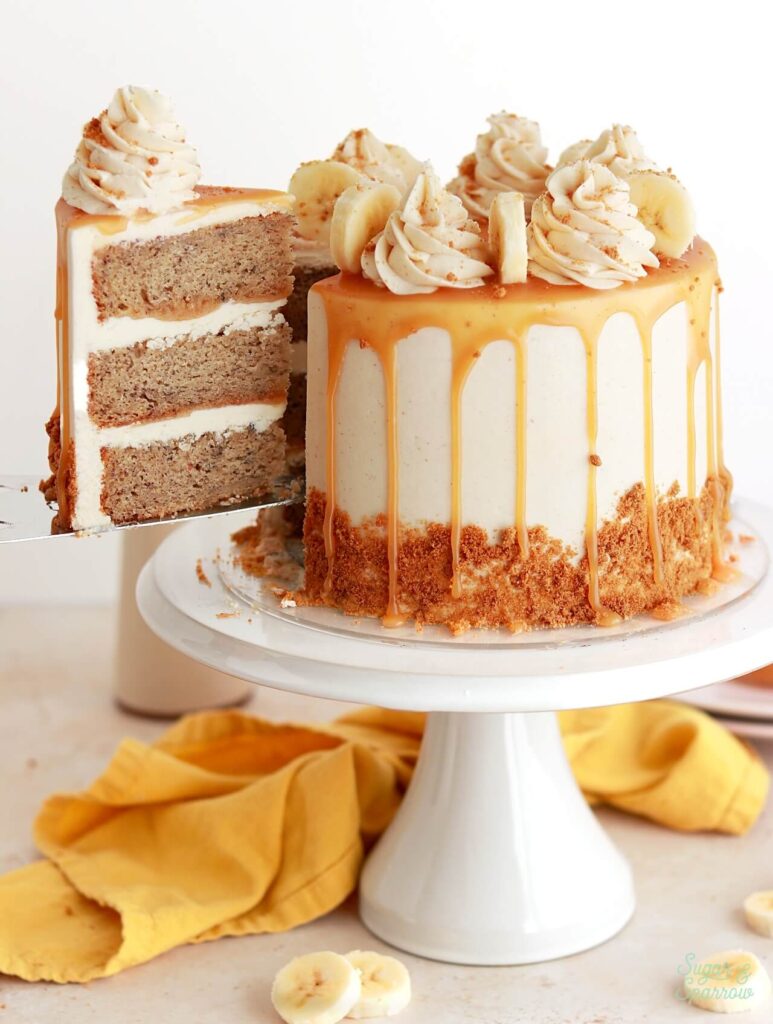 banana cake with brown butter frosting and caramel