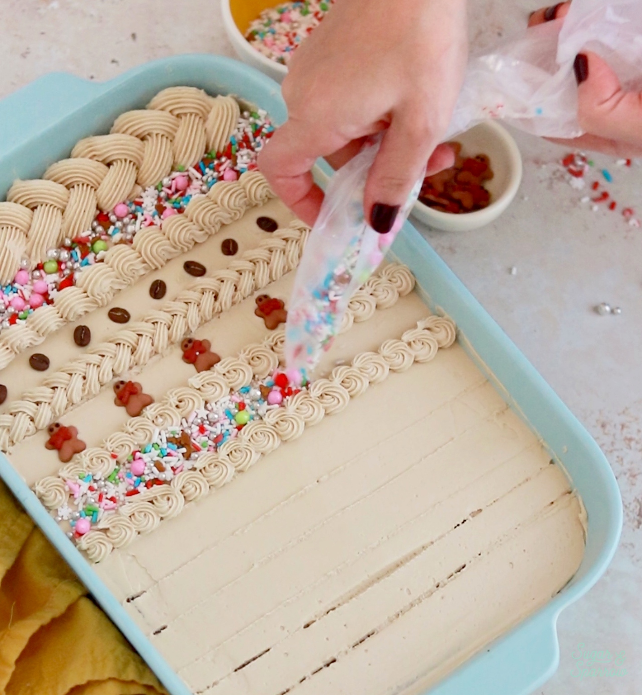 decorating a gingerbread sheet cake