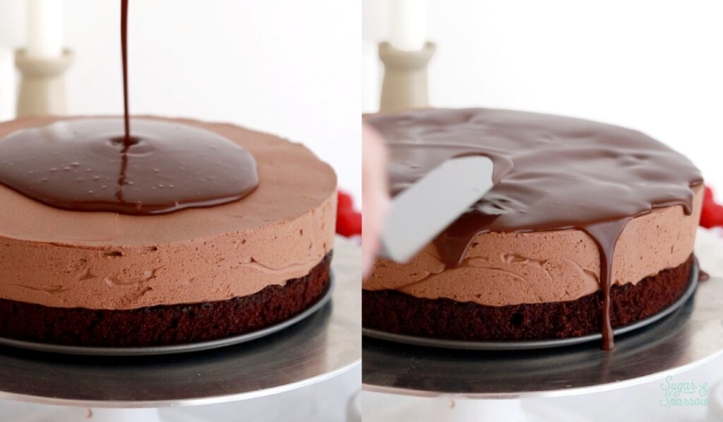 pouring chocolate ganache onto chocolate mousse cake