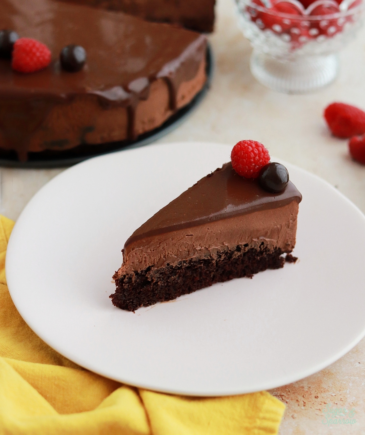 chocolate mousse cake recipe by sugar and sparrow
