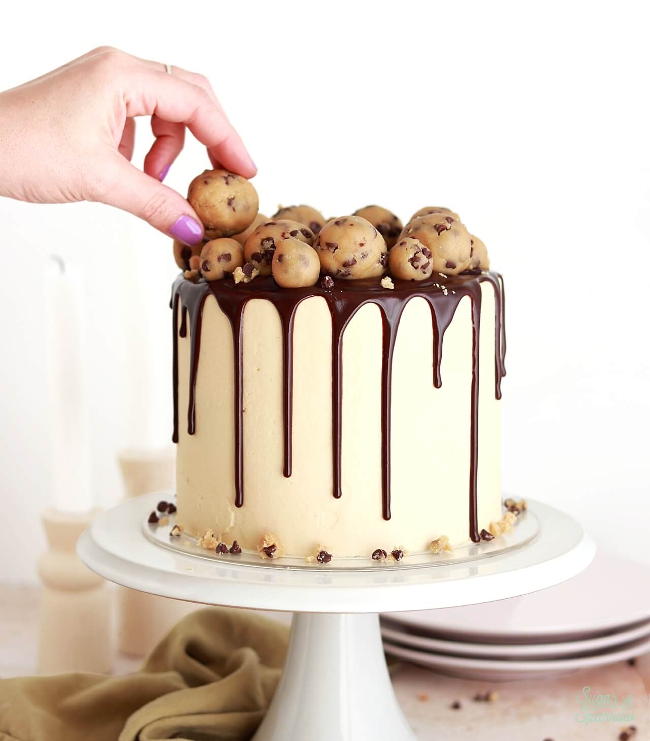 chocolate chip cookie dough cake by sugar and sparrow