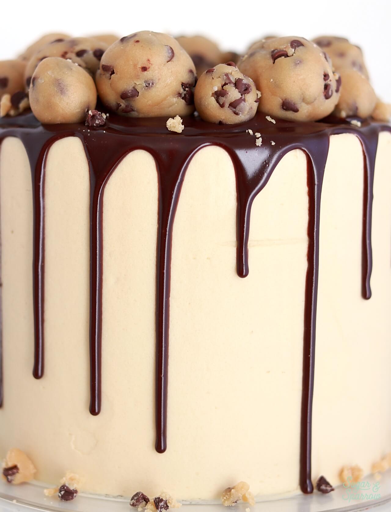 chocolate ganache drip on chocolate chip cookie dough cake