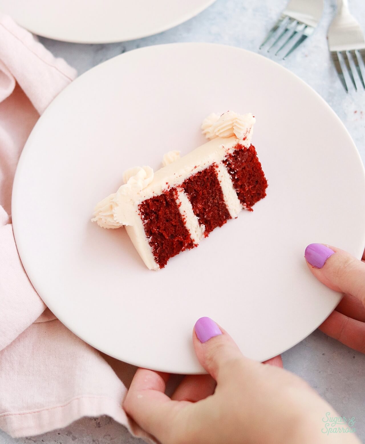 small batch red velvet cake recipe by sugar and sparrow