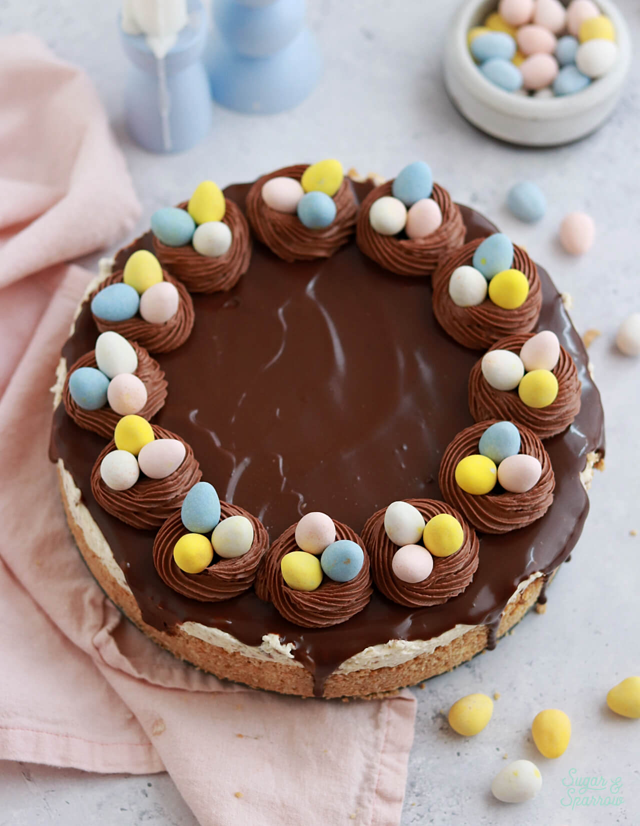 cadbury mini egg cheesecake with chocolate ganache topping