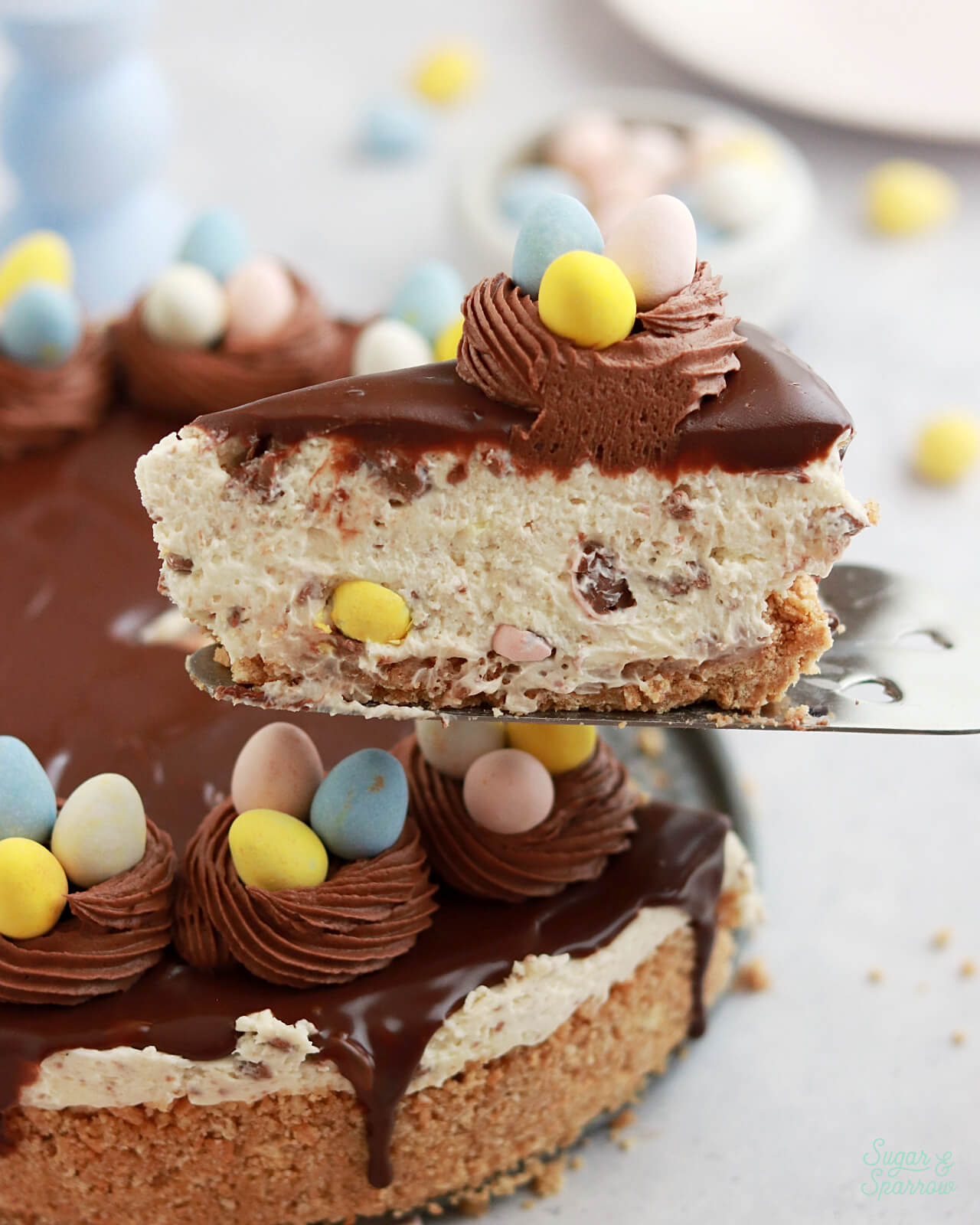 cadbury egg cheesecake recipe by sugar and sparrow
