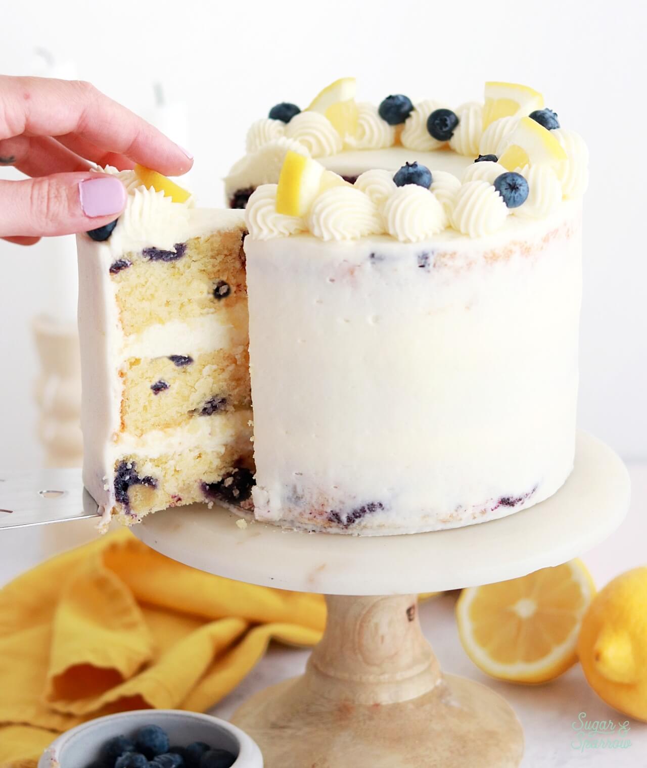 lemon blueberry cake recipe by sugar and sparrow