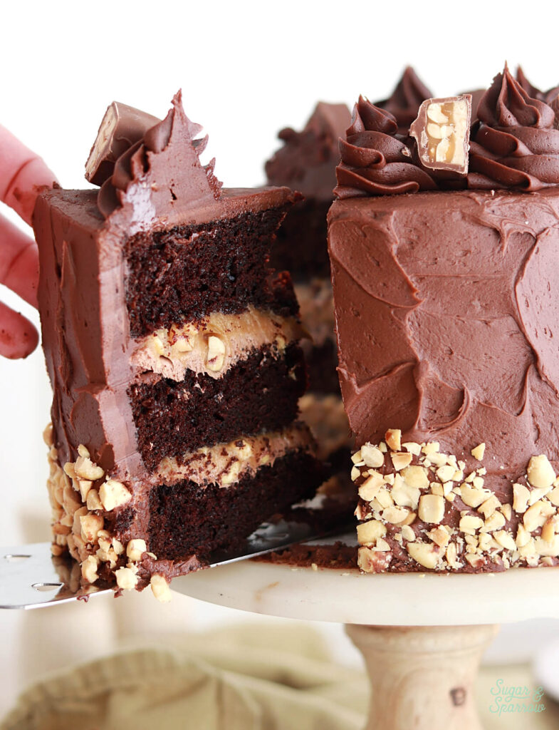 snickers cake recipe with peanut caramel and nougat filling