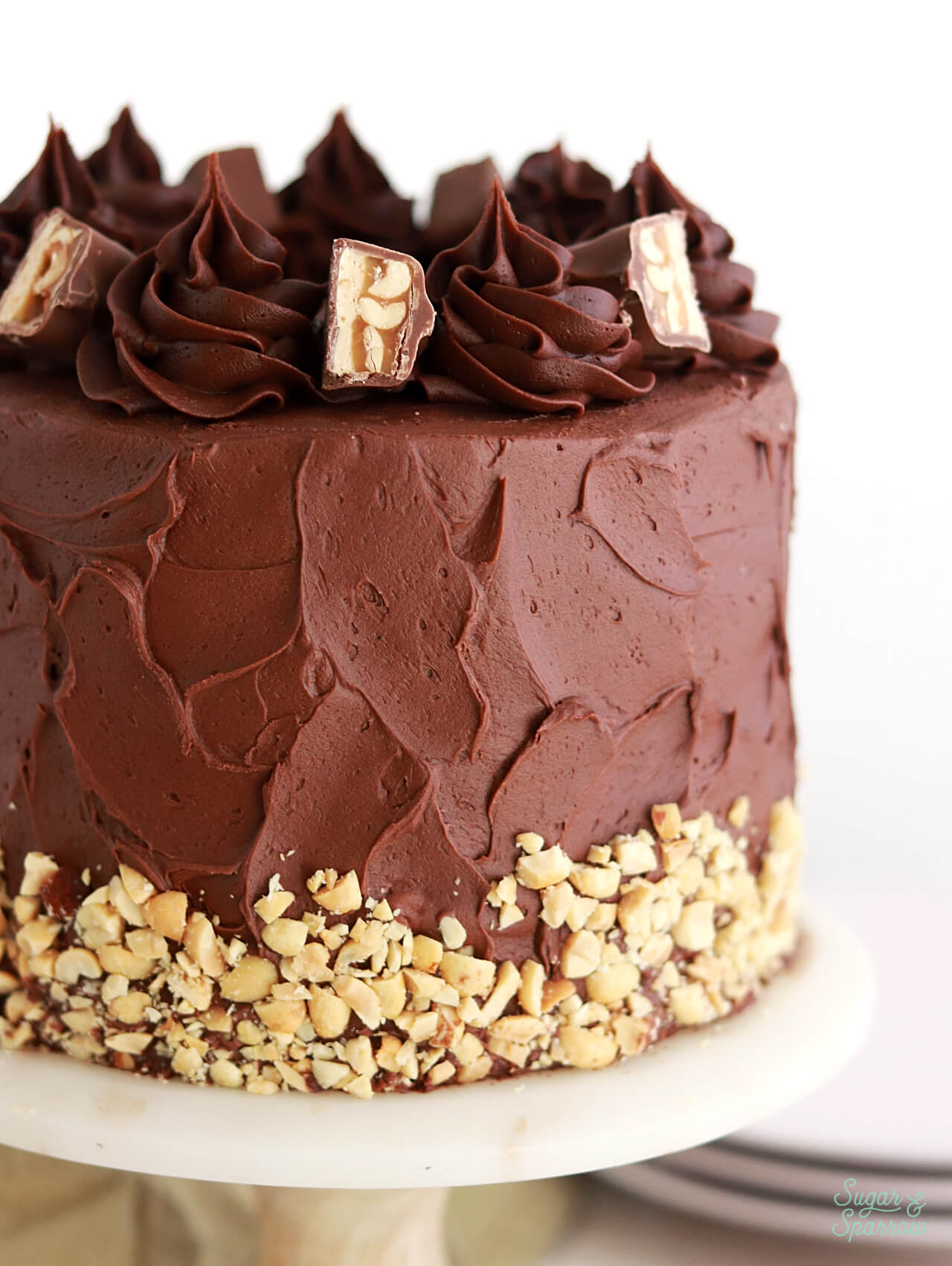 snickers bar cake recipe topped with snickers