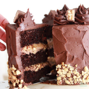 the best snickers candy bar cake by sugar and saprrow