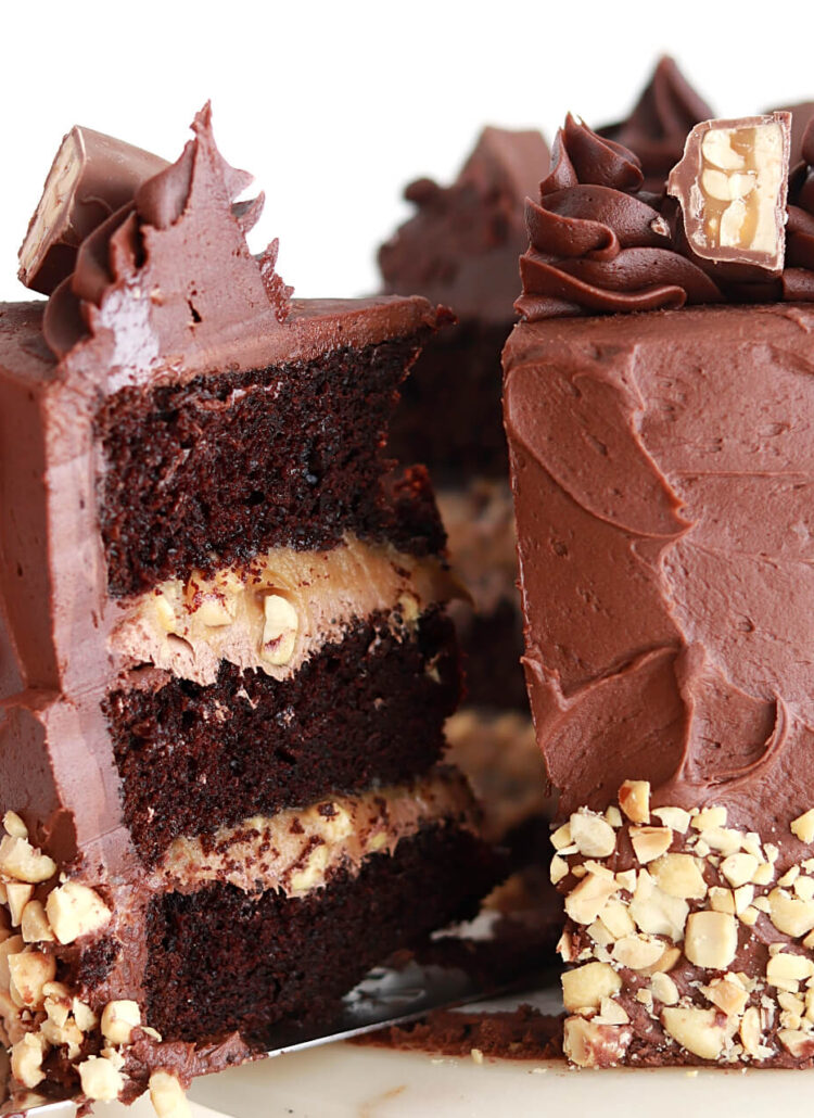 the best snickers candy bar cake by sugar and saprrow