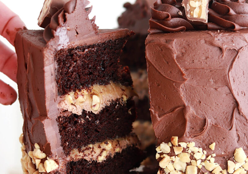 the best snickers candy bar cake by sugar and saprrow