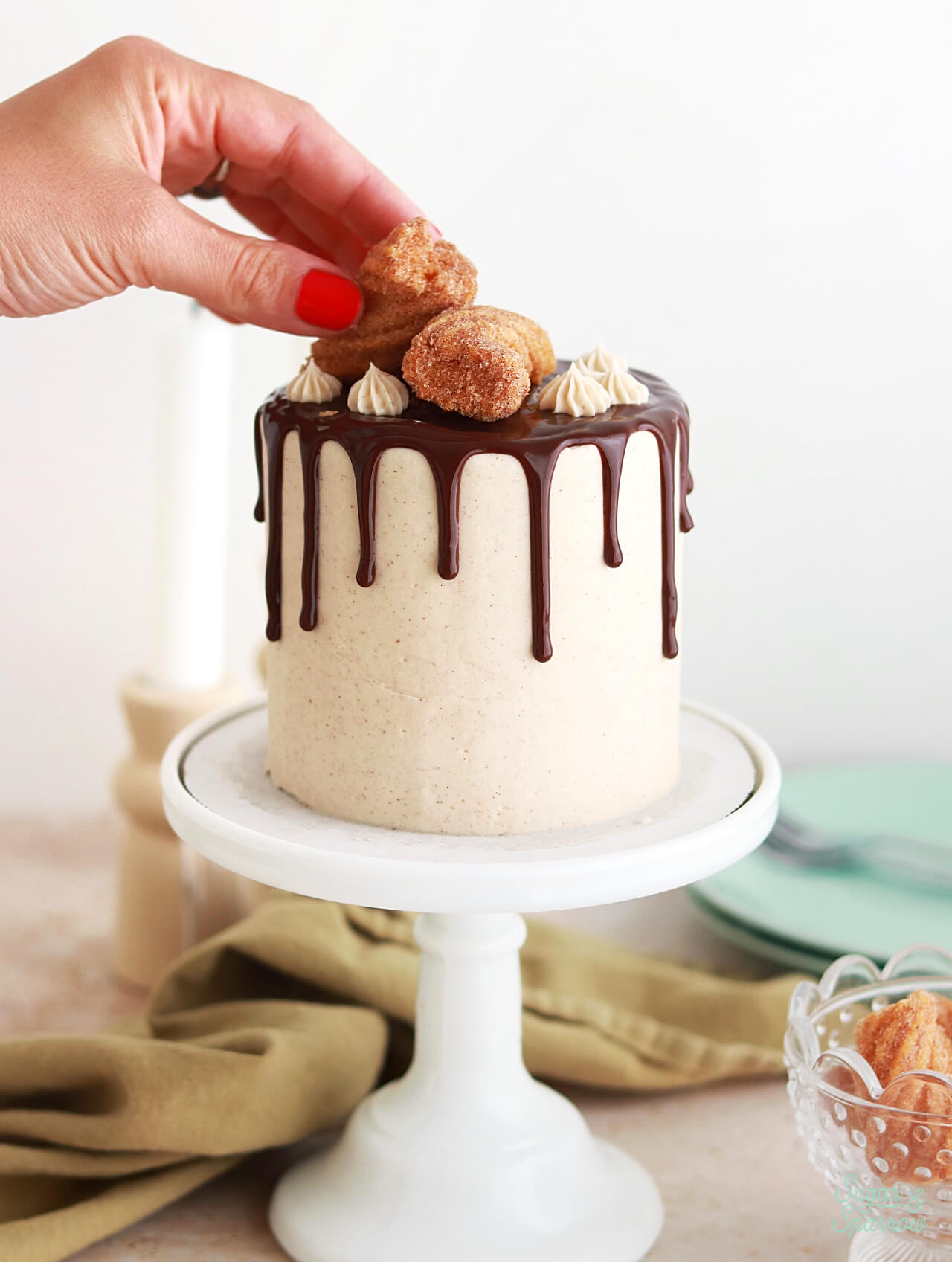 small batch churro cake with mexican chocolate ganache